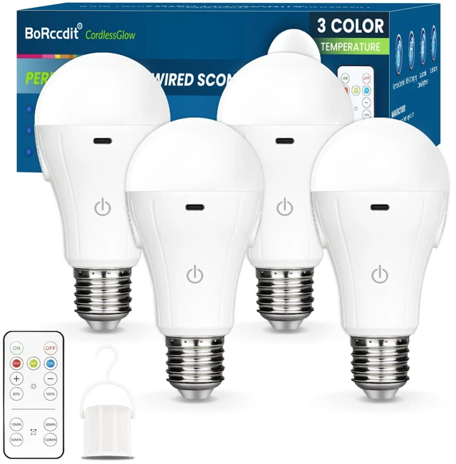 Main image of CordlessGlow 15W A19 Rechargeable Light Bulbs with Remote, 3 Color Temperatures + Dimmable Battery Powered Light Bulbs,up to 24 Hours