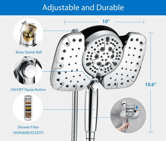 Alt view image 5 of 7 - Rain Shower Head with Filtered Handheld Spray Combo Chrome 1.8 GPM 10 Rainfall Showerhead with 9-Spray Detachable Handheld, High Pressure, ON/OFF Switch, 15-Stage Filter, Jet for Cleaning