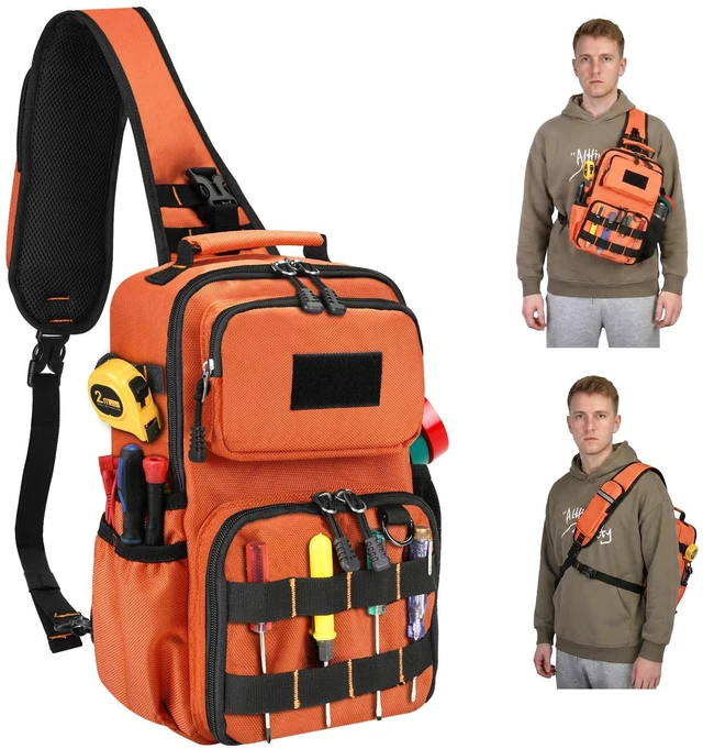Main image of Tactical Electrician & HVAC Tool Chest Bag, 3-Point Harness Orange Small Tool Pouch,1680D Oxford Water-Resistant, 15 Pockets, 8L, Padded Adjustable Strap, MOLLE Webbing for Technicians DIY