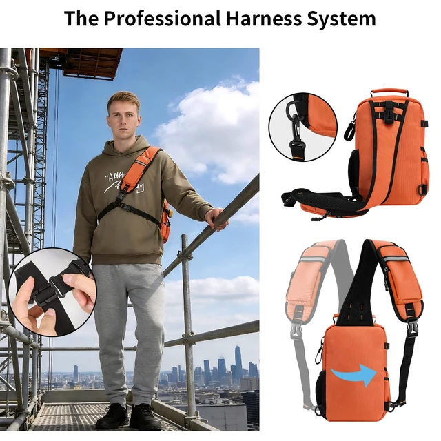 Alt view image 3 of 7 - Tactical Electrician & HVAC Tool Chest Bag, 3-Point Harness Orange Small Tool Pouch,1680D Oxford Water-Resistant, 15 Pockets, 8L, Padded Adjustable Strap, MOLLE Webbing for Technicians DIY