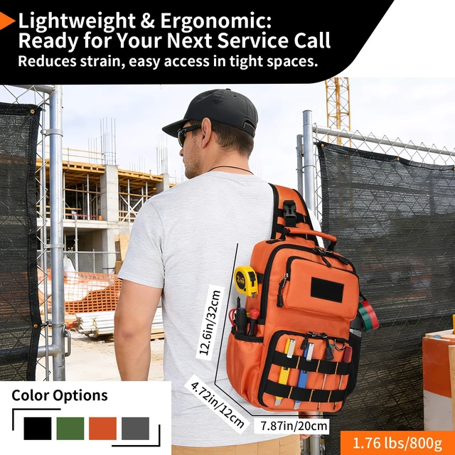 Alt view image 4 of 7 - Tactical Electrician & HVAC Tool Chest Bag, 3-Point Harness Orange Small Tool Pouch,1680D Oxford Water-Resistant, 15 Pockets, 8L, Padded Adjustable Strap, MOLLE Webbing for Technicians DIY