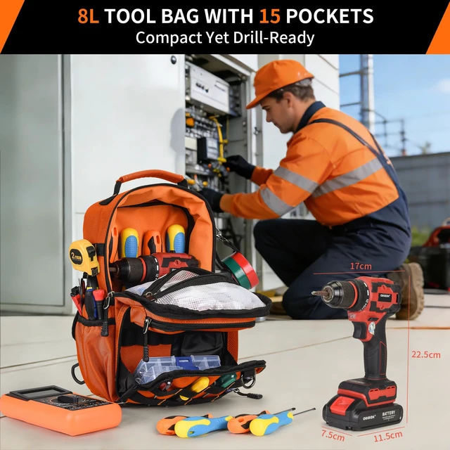 Alt view image 2 of 7 - Tactical Electrician & HVAC Tool Chest Bag, 3-Point Harness Orange Small Tool Pouch,1680D Oxford Water-Resistant, 15 Pockets, 8L, Padded Adjustable Strap, MOLLE Webbing for Technicians DIY