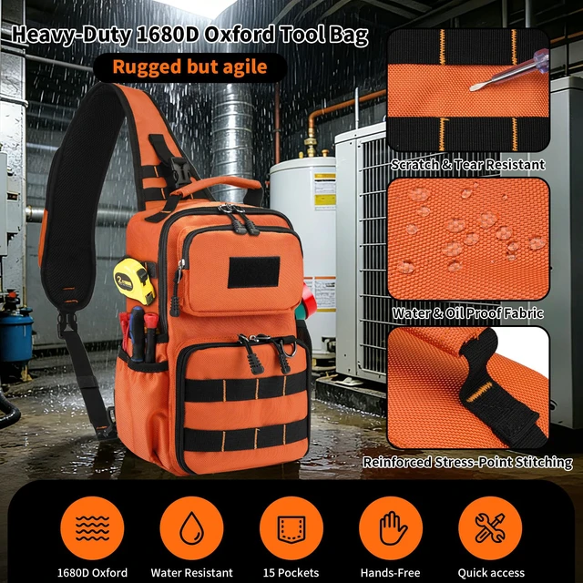 Alt view image 5 of 7 - Tactical Electrician & HVAC Tool Chest Bag, 3-Point Harness Orange Small Tool Pouch,1680D Oxford Water-Resistant, 15 Pockets, 8L, Padded Adjustable Strap, MOLLE Webbing for Technicians DIY