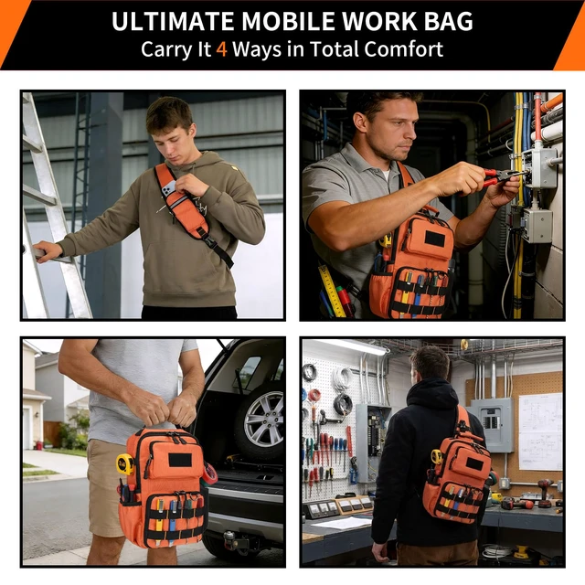 Alt view image 6 of 7 - Tactical Electrician & HVAC Tool Chest Bag, 3-Point Harness Orange Small Tool Pouch,1680D Oxford Water-Resistant, 15 Pockets, 8L, Padded Adjustable Strap, MOLLE Webbing for Technicians DIY