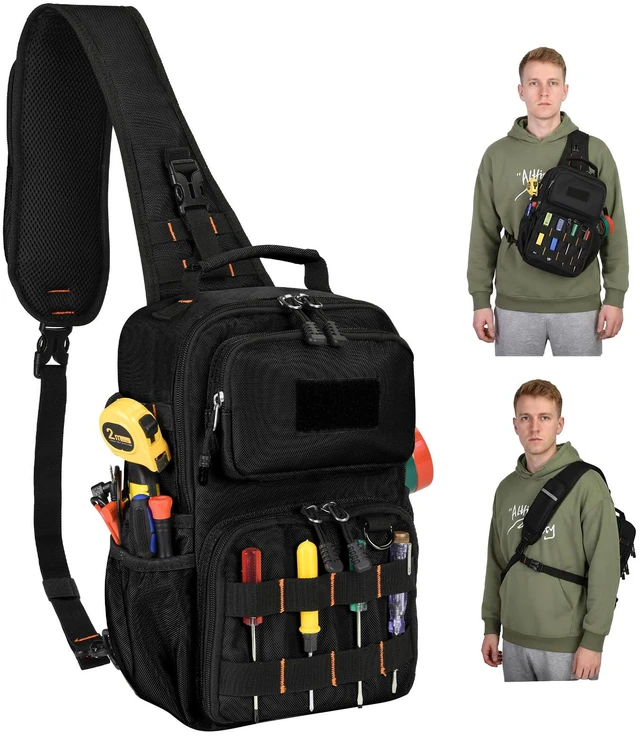 Main image of Tactical Electrician & HVAC Tool Chest Bag, 3-Point Harness Black Small Tool Pouch,1680D Oxford Water-Resistant, 15 Pockets, 8L, Padded Adjustable Strap, MOLLE Webbing for Technicians DIY
