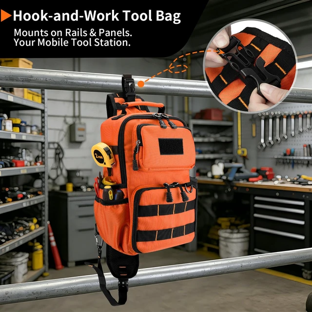 Alt view image 7 of 7 - Tactical Electrician & HVAC Tool Chest Bag, 3-Point Harness Orange Small Tool Pouch,1680D Oxford Water-Resistant, 15 Pockets, 8L, Padded Adjustable Strap, MOLLE Webbing for Technicians DIY
