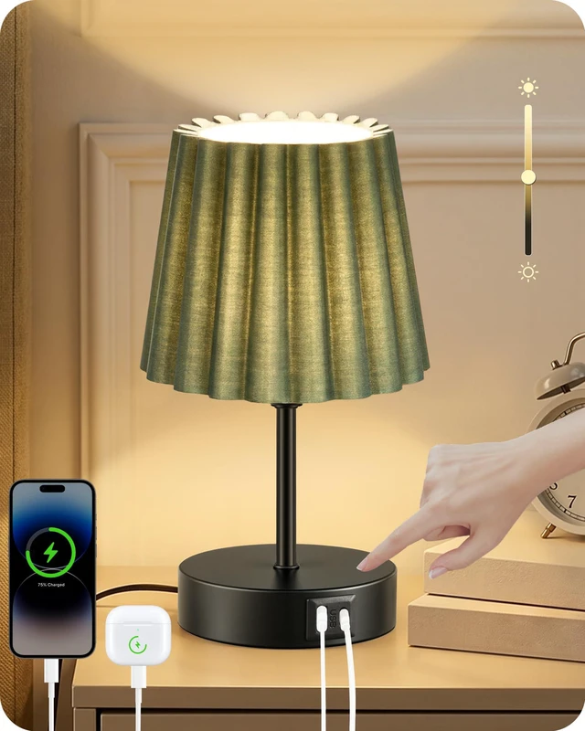 Main image of Small Bedside Table Lamp, Touch Dimmable Table Lamp with USB Ports, Nightstand Lamp with a Stepless Dimming LED Bulb, E26 Base, for Bedroom, Study, Desk, Black and Green J16TL05