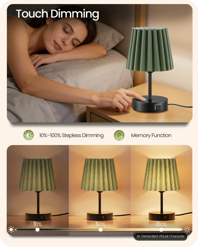 Alt view image 2 of 7 - Small Bedside Table Lamp, Touch Dimmable Table Lamp with USB Ports, Nightstand Lamp with a Stepless Dimming LED Bulb, E26 Base, for Bedroom, Study, Desk, Black and Green J16TL05