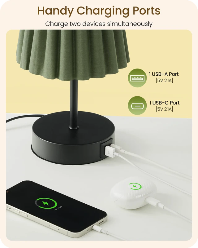 Alt view image 3 of 7 - Small Bedside Table Lamp, Touch Dimmable Table Lamp with USB Ports, Nightstand Lamp with a Stepless Dimming LED Bulb, E26 Base, for Bedroom, Study, Desk, Black and Green J16TL05