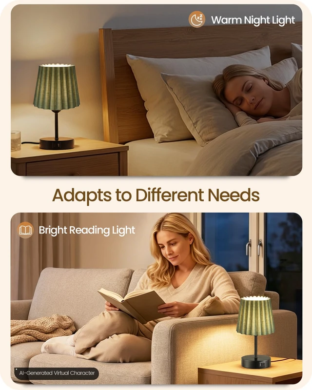Alt view image 4 of 7 - Small Bedside Table Lamp, Touch Dimmable Table Lamp with USB Ports, Nightstand Lamp with a Stepless Dimming LED Bulb, E26 Base, for Bedroom, Study, Desk, Black and Green J16TL05