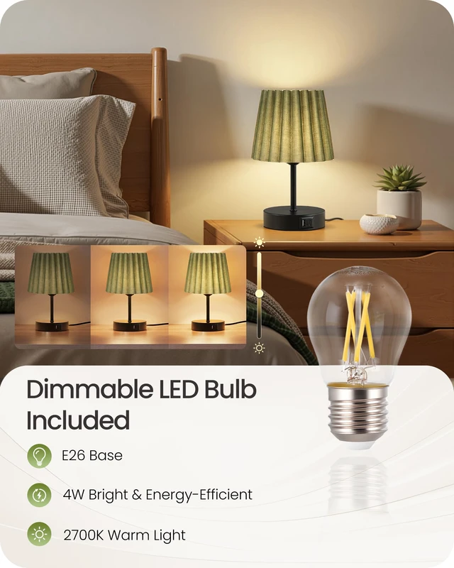 Alt view image 6 of 7 - Small Bedside Table Lamp, Touch Dimmable Table Lamp with USB Ports, Nightstand Lamp with a Stepless Dimming LED Bulb, E26 Base, for Bedroom, Study, Desk, Black and Green J16TL05