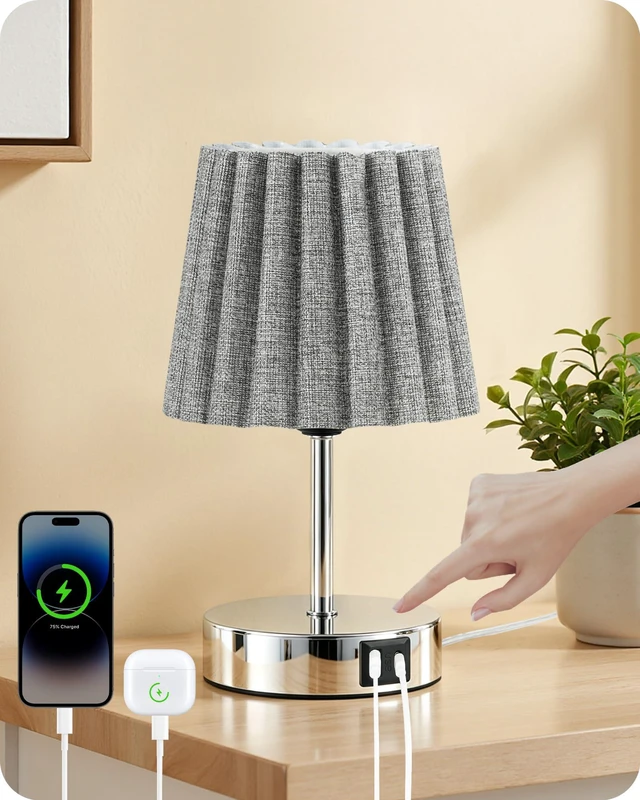 Main image of Small Bedside Table Lamp, Touch Dimmable Table Lamp with USB Ports, Nightstand Lamp with a Stepless Dimming LED Bulb, E26 Base, for Bedroom, Study, Desk, Glossy Gray and Gray PSH16TL05