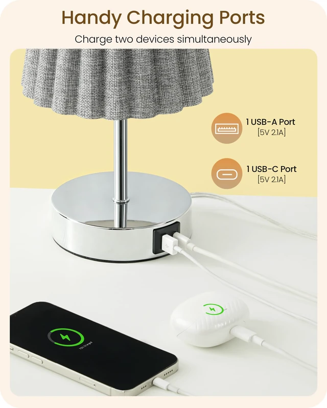 Alt view image 3 of 7 - Small Bedside Table Lamp, Touch Dimmable Table Lamp with USB Ports, Nightstand Lamp with a Stepless Dimming LED Bulb, E26 Base, for Bedroom, Study, Desk, Glossy Gray and Gray PSH16TL05
