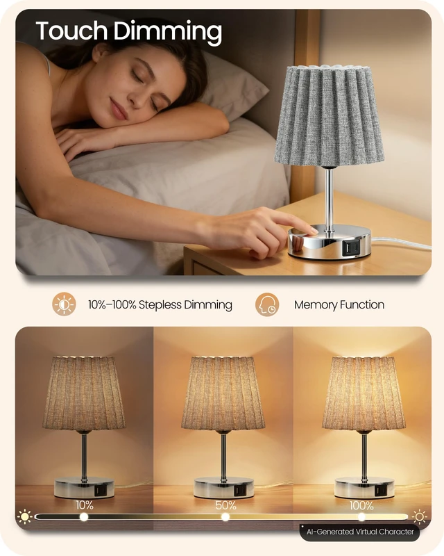 Alt view image 2 of 7 - Small Bedside Table Lamp, Touch Dimmable Table Lamp with USB Ports, Nightstand Lamp with a Stepless Dimming LED Bulb, E26 Base, for Bedroom, Study, Desk, Glossy Gray and Gray PSH16TL05