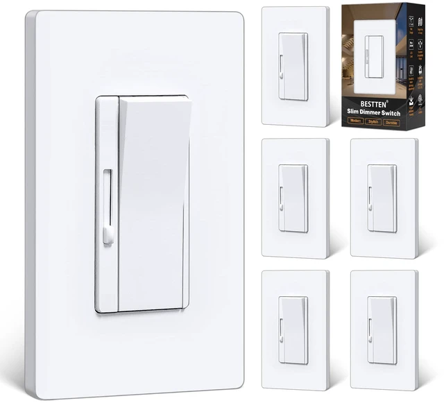 Main image of 6PK Slim Dimmer Light Switch, Single Pole or 3 Way Dimmable Switch ETL Listed, Max 300W LED, CFL, 600W Incandescent, Quiet Rocker, Screwless Wall Plate Included, White