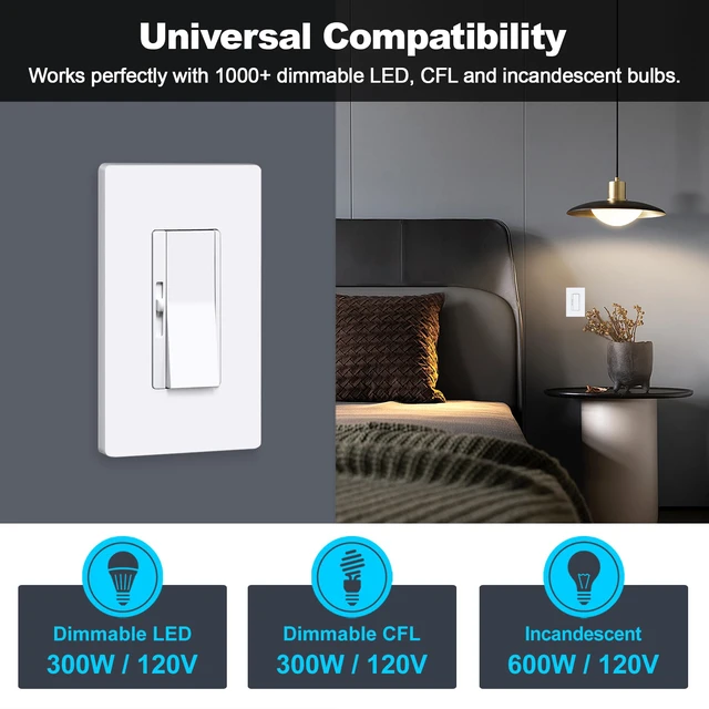 Alt view image 4 of 7 - 6PK Slim Dimmer Light Switch, Single Pole or 3 Way Dimmable Switch ETL Listed, Max 300W LED, CFL, 600W Incandescent, Quiet Rocker, Screwless Wall Plate Included, White