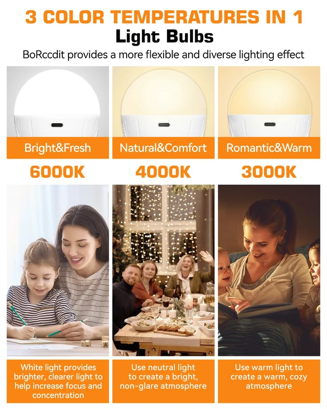 Alt view image 3 of 7 - CordlessGlow 15W A19 Rechargeable Light Bulbs with Remote, 3 Color Temperatures + Dimmable Battery Powered Light Bulbs,up to 24 Hours