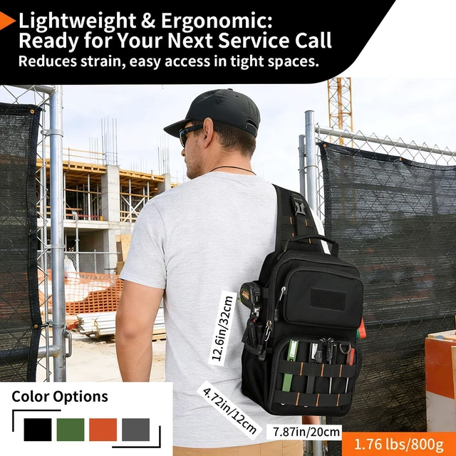 Alt view image 4 of 7 - Tactical Electrician & HVAC Tool Chest Bag, 3-Point Harness Black Small Tool Pouch,1680D Oxford Water-Resistant, 15 Pockets, 8L, Padded Adjustable Strap, MOLLE Webbing for Technicians DIY