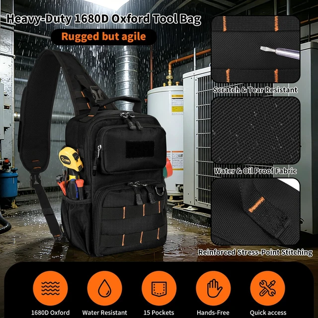 Alt view image 5 of 7 - Tactical Electrician & HVAC Tool Chest Bag, 3-Point Harness Black Small Tool Pouch,1680D Oxford Water-Resistant, 15 Pockets, 8L, Padded Adjustable Strap, MOLLE Webbing for Technicians DIY