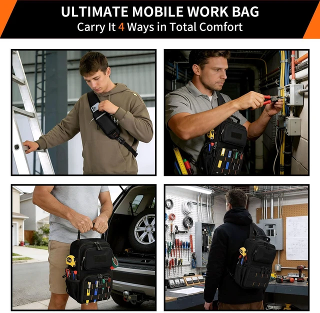 Alt view image 6 of 7 - Tactical Electrician & HVAC Tool Chest Bag, 3-Point Harness Black Small Tool Pouch,1680D Oxford Water-Resistant, 15 Pockets, 8L, Padded Adjustable Strap, MOLLE Webbing for Technicians DIY