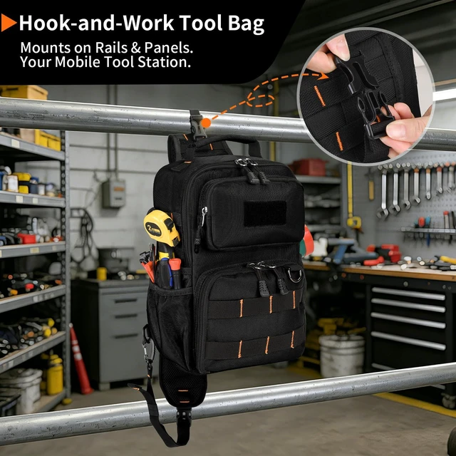 Alt view image 7 of 7 - Tactical Electrician & HVAC Tool Chest Bag, 3-Point Harness Black Small Tool Pouch,1680D Oxford Water-Resistant, 15 Pockets, 8L, Padded Adjustable Strap, MOLLE Webbing for Technicians DIY