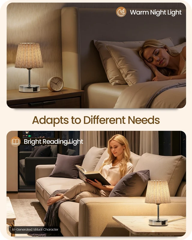 Alt view image 4 of 7 - Small Bedside Table Lamp, Touch Dimmable Table Lamp with USB Ports, Nightstand Lamp with a Stepless Dimming LED Bulb, E26 Base, for Bedroom, Study, Desk, Glossy Gray and Gray PSH16TL05