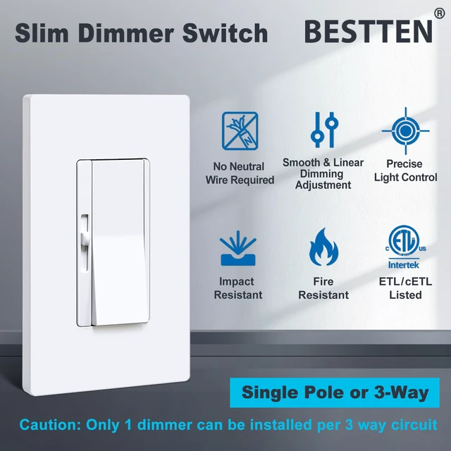 Alt view image 5 of 7 - 6PK Slim Dimmer Light Switch, Single Pole or 3 Way Dimmable Switch ETL Listed, Max 300W LED, CFL, 600W Incandescent, Quiet Rocker, Screwless Wall Plate Included, White
