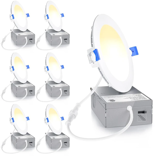 Main image of 6 Pack 4 Inch 5CCT Dimmable Canless Wafer LED Recessed Light 5%-100% Dimmable, 2700K-5000K Selectable, 750LM 9W 120V, ETL & FCC & UL Certified, IC & Damp Rated, 50000h Life Span