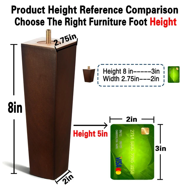 Alt view image 3 of 7 - 8 Inch Wood Couch Legs 1500lbs Heavy Duty Square Furniture Feet 4PC Dark espresso finish; replacement for dresser, cabinet, couch, bed; includes M8 & 5/16 hanger bolts; extra tall height