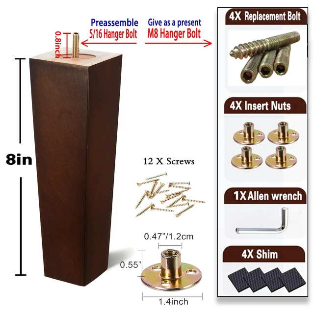 Alt view image 6 of 7 - 8 Inch Wood Couch Legs 1500lbs Heavy Duty Square Furniture Feet 4PC Dark espresso finish; replacement for dresser, cabinet, couch, bed; includes M8 & 5/16 hanger bolts; extra tall height