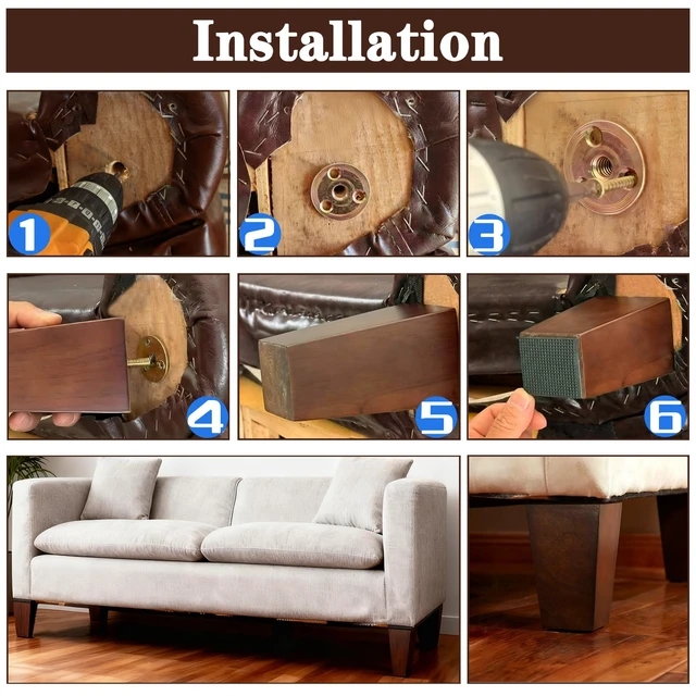 Alt view image 7 of 7 - 5 Inch Couch Legs Wood Square Sofa Legs Replacement for Chair, 4PC 1500lbs heavy duty square feet; fits furniture, dresser, cabinet, bed; M8 & 5/16 hanger bolts; robot vacuum clearance