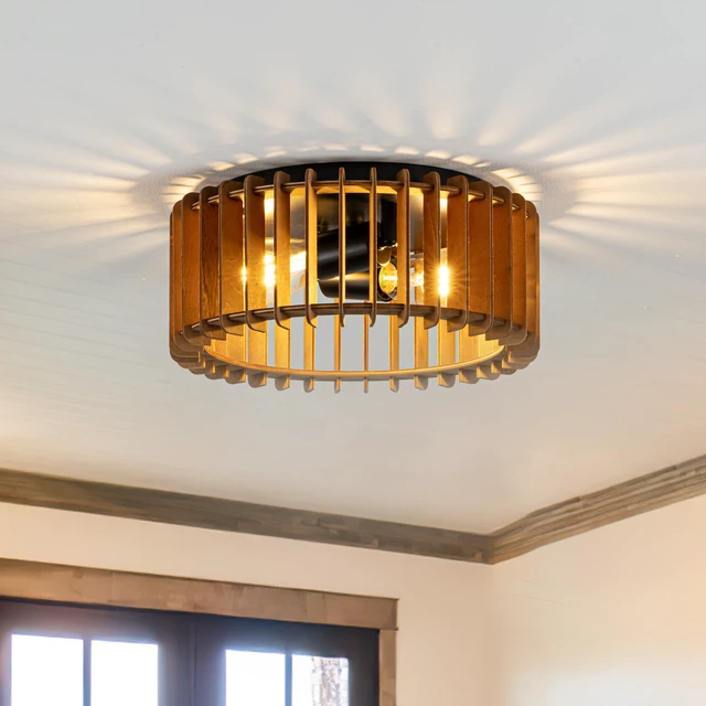 Alt view image 2 of 7 - Wood Flush Mount Ceiling Light, 2-Light Farmhouse Ceiling Light, Rustic Light Fixture for Hallway, Entryway, Bedroom, Kitchen