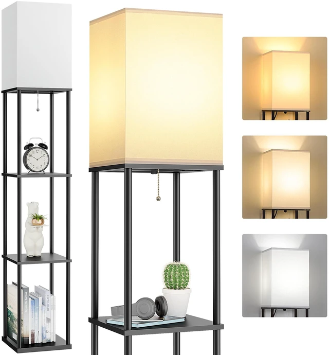 Main image of Floor Lamp with Shelves, 3-Tier Modern Square Bookshelf Standing Lamp Black 3 Color Temperature Bulb Included, Pull Chain Tall Lamp for Living Room Bedroom Corner Office Apartment Decor