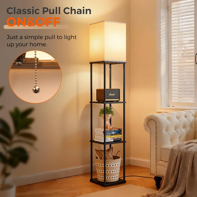 Alt view image 6 of 7 - Floor Lamp with Shelves, 3-Tier Modern Square Bookshelf Standing Lamp Black 3 Color Temperature Bulb Included, Pull Chain Tall Lamp for Living Room Bedroom Corner Office Apartment Decor