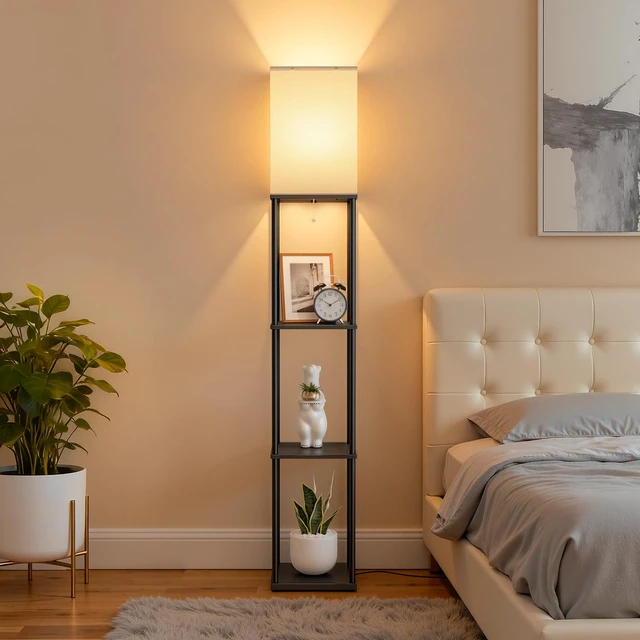 Alt view image 7 of 7 - Floor Lamp with Shelves, 3-Tier Modern Square Bookshelf Standing Lamp Black 3 Color Temperature Bulb Included, Pull Chain Tall Lamp for Living Room Bedroom Corner Office Apartment Decor