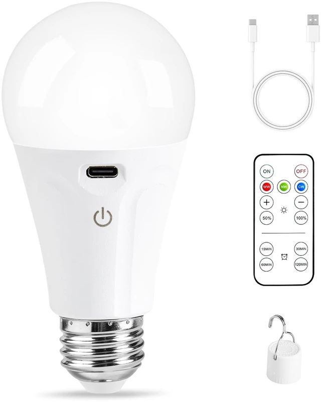Main image of E26 Rechargeable Light Bulbs with Remote and USB Charging, 1 Pack Dimmable Battery Operated Light Bulb, 3 Color Temperatures, 4 Timer, A19 Wireless Light Bulbs for Wall Sconces, Not-Hardwired