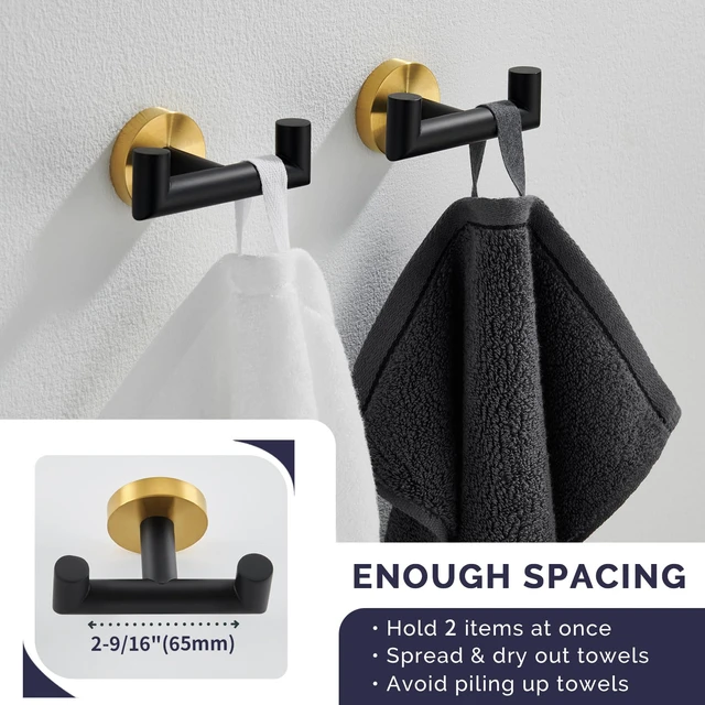 Alt view image 5 of 7 - Double Towel Hooks, Bathroom Robe Coat Hook 2 Pack, Black Gold Solid Stainless Steel, Heavy Duty Dual Holder for Shower Closet Kitchen Living room Entryway, Screws Wall Mounted