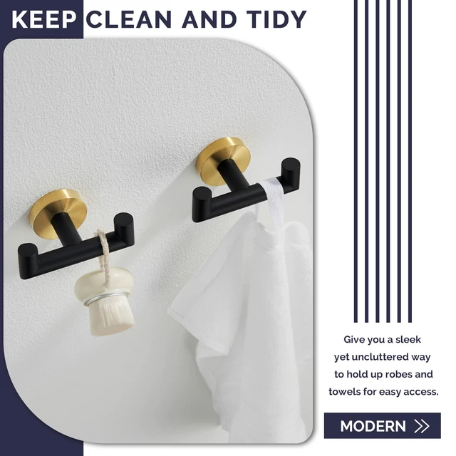 Alt view image 7 of 7 - Double Towel Hooks, Bathroom Robe Coat Hook 2 Pack, Black Gold Solid Stainless Steel, Heavy Duty Dual Holder for Shower Closet Kitchen Living room Entryway, Screws Wall Mounted