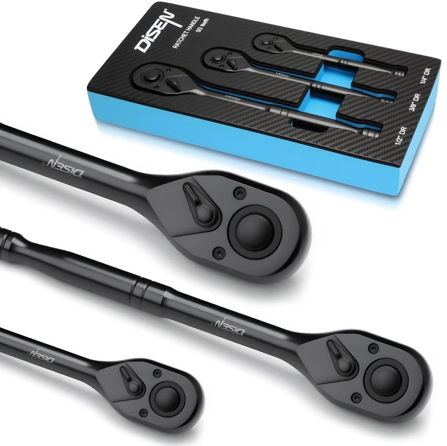 Main image of 3PCS Black Ratchet Wrench Set, 1/2", 3/8", 1/4" Drive 90-Tooth Drive 90-Tooth Drive Ratchet Socket Wrench, Black Oxide Finish with Reversible Quick Release - Industrial Ratchet Wrench Kit