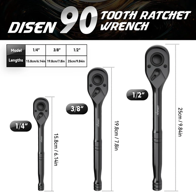 Alt view image 3 of 7 - 3PCS Black Ratchet Wrench Set, 1/2", 3/8", 1/4" Drive 90-Tooth Drive 90-Tooth Drive Ratchet Socket Wrench, Black Oxide Finish with Reversible Quick Release - Industrial Ratchet Wrench Kit