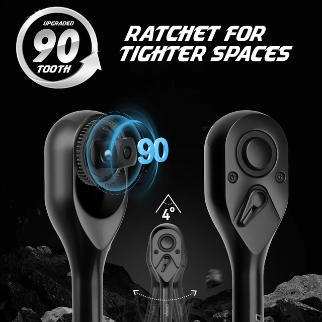 Alt view image 5 of 7 - 3PCS Black Ratchet Wrench Set, 1/2", 3/8", 1/4" Drive 90-Tooth Drive 90-Tooth Drive Ratchet Socket Wrench, Black Oxide Finish with Reversible Quick Release - Industrial Ratchet Wrench Kit