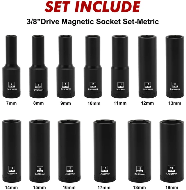 Alt view image 2 of 7 - 13PCS 3/8"Drive Magnetic Impact Socket Set, Deep, 6-Point, Metric, 7mm to 19mm, CR-MO