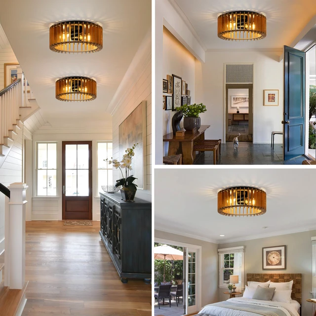 Alt view image 4 of 7 - Wood Flush Mount Ceiling Light, 2-Light Farmhouse Ceiling Light, Rustic Light Fixture for Hallway, Entryway, Bedroom, Kitchen