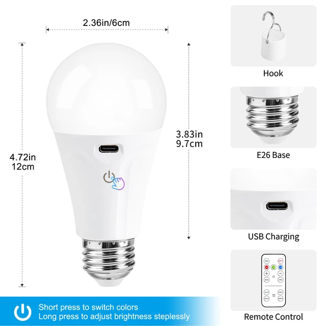 Alt view image 2 of 7 - E26 Rechargeable Light Bulbs with Remote and USB Charging, 1 Pack Dimmable Battery Operated Light Bulb, 3 Color Temperatures, 4 Timer, A19 Wireless Light Bulbs for Wall Sconces, Not-Hardwired