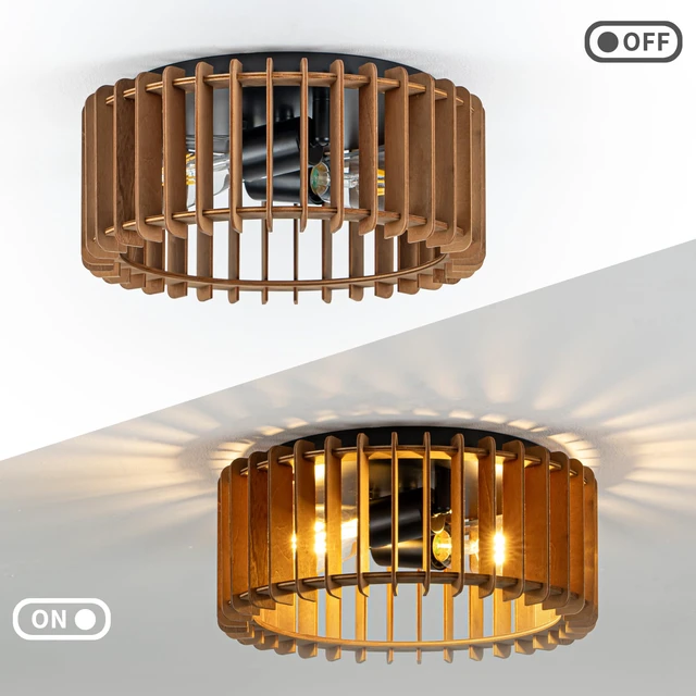 Alt view image 6 of 7 - Wood Flush Mount Ceiling Light, 2-Light Farmhouse Ceiling Light, Rustic Light Fixture for Hallway, Entryway, Bedroom, Kitchen