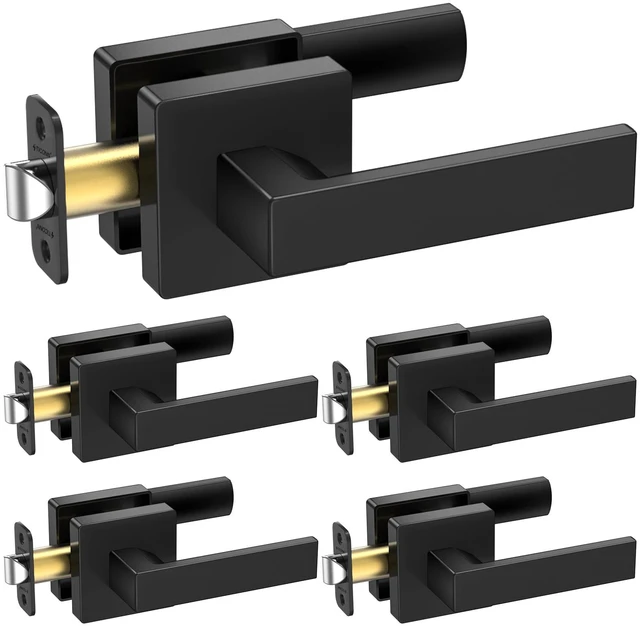 Main image of 5PK Matte Black Door Handles Interior, Reversible Square Door Levers Knob for Hallway, Bedroom, Bathroom (No Lock, 5PK Passage)