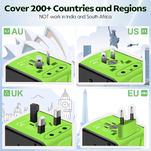 Alt view image 3 of 7 - International Travel Adapter,2 USB-C & 2 USB-A Ports 2500W AC Outlet All-in-One Universal Power Adapter,2.4A Fast Charging,EU/US/UK/AU Compatibility for Worldwide Travel in 200+ Countries