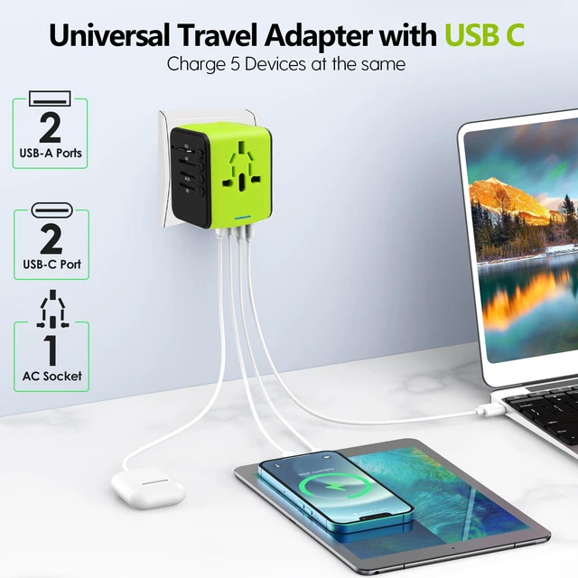 Alt view image 2 of 7 - International Travel Adapter,2 USB-C & 2 USB-A Ports 2500W AC Outlet All-in-One Universal Power Adapter,2.4A Fast Charging,EU/US/UK/AU Compatibility for Worldwide Travel in 200+ Countries