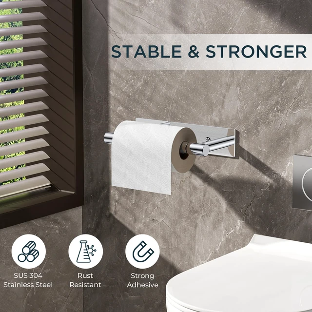 Alt view image 7 of 7 - Commercial Toilet Paper Holder Wall Mount Bathroom Tissue Holder Chrome | Adhesive or Screw | SUS304 Stainless Steel Rustproof | Pivoting Tissue Roll Holder | Square Base