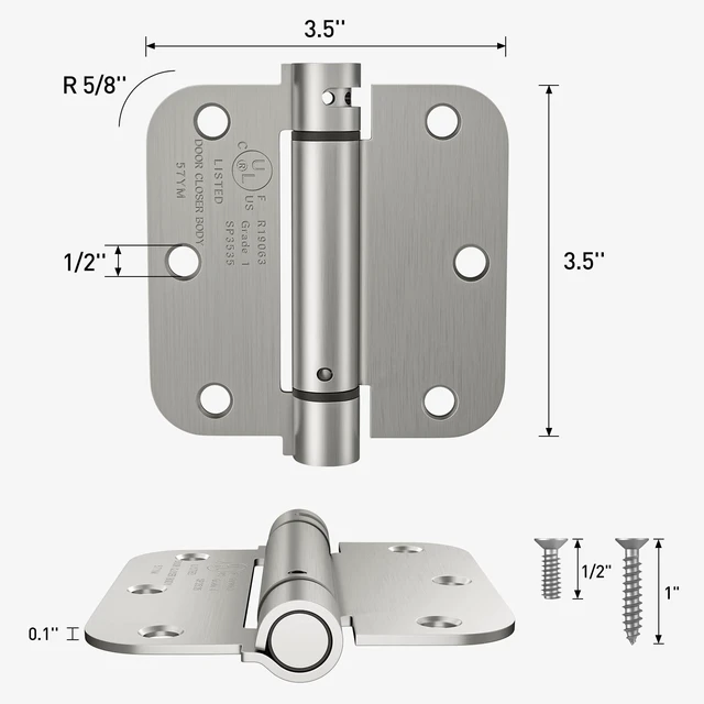 Alt view image 2 of 7 - 4 Pack Brushed Nickel Self Closing Door Hinges, 3.5 Inch 5/8'' Radius Corners Spring Door Hinge, Adjustable Tension for Garage, Front Door, Back Door, UL Listed, for Left and Right Hand Door